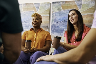 A group of people listening intently